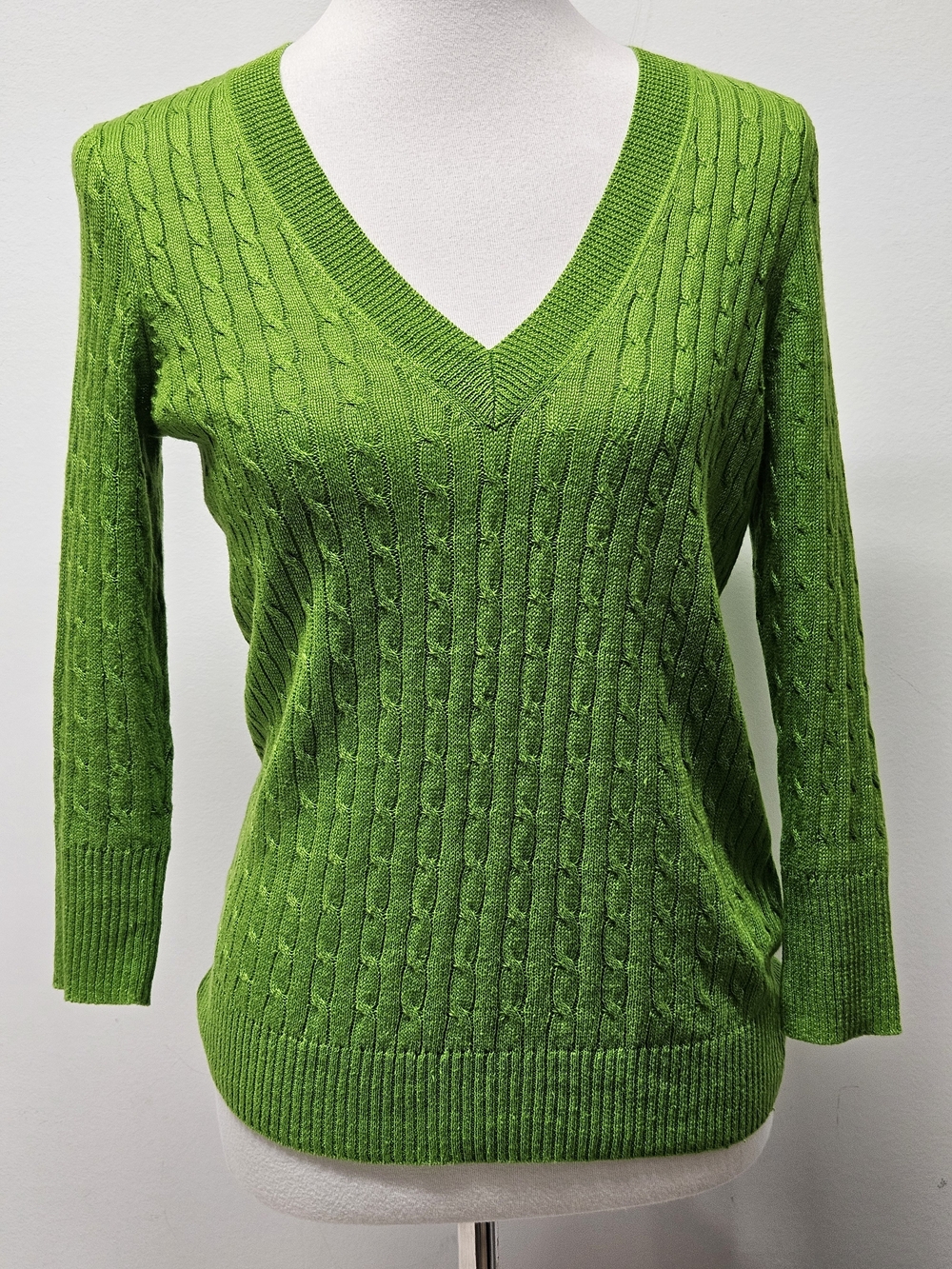 J. Crew Linen V-neck Cable Knit Size Small Kelly Green Layering Coastal Preppy